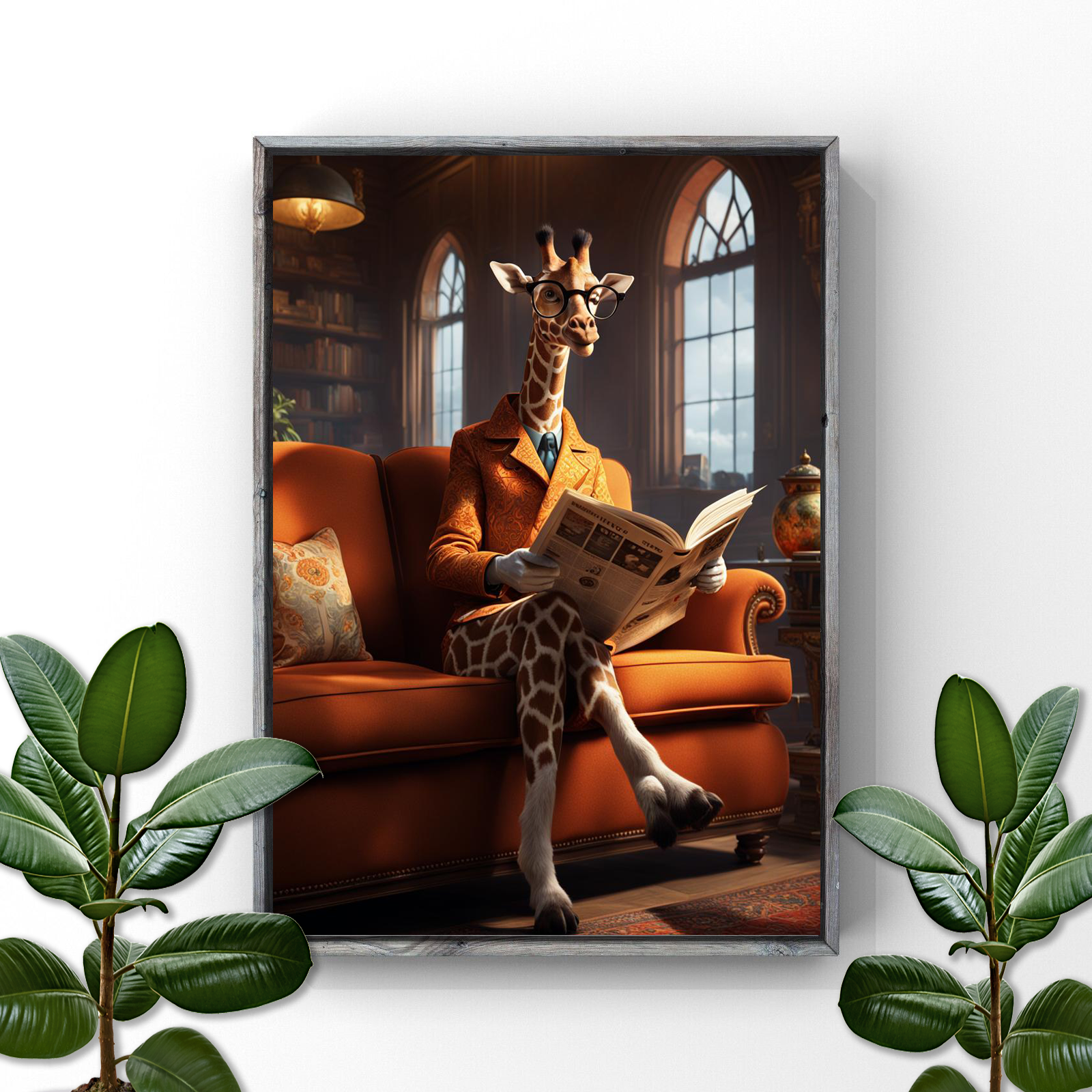 Giraffe Lounge Time: Comical Living Room Decor Wall Art Decor Print