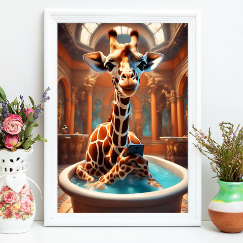 Giraffe Bathtime Chatter: Comical Bathroom Decor Wall Art Decor Print