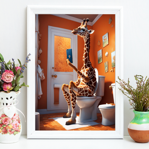 Giraffe on a Phone Bathroom Buddy: Comical Commode Companion Wall Art Decor