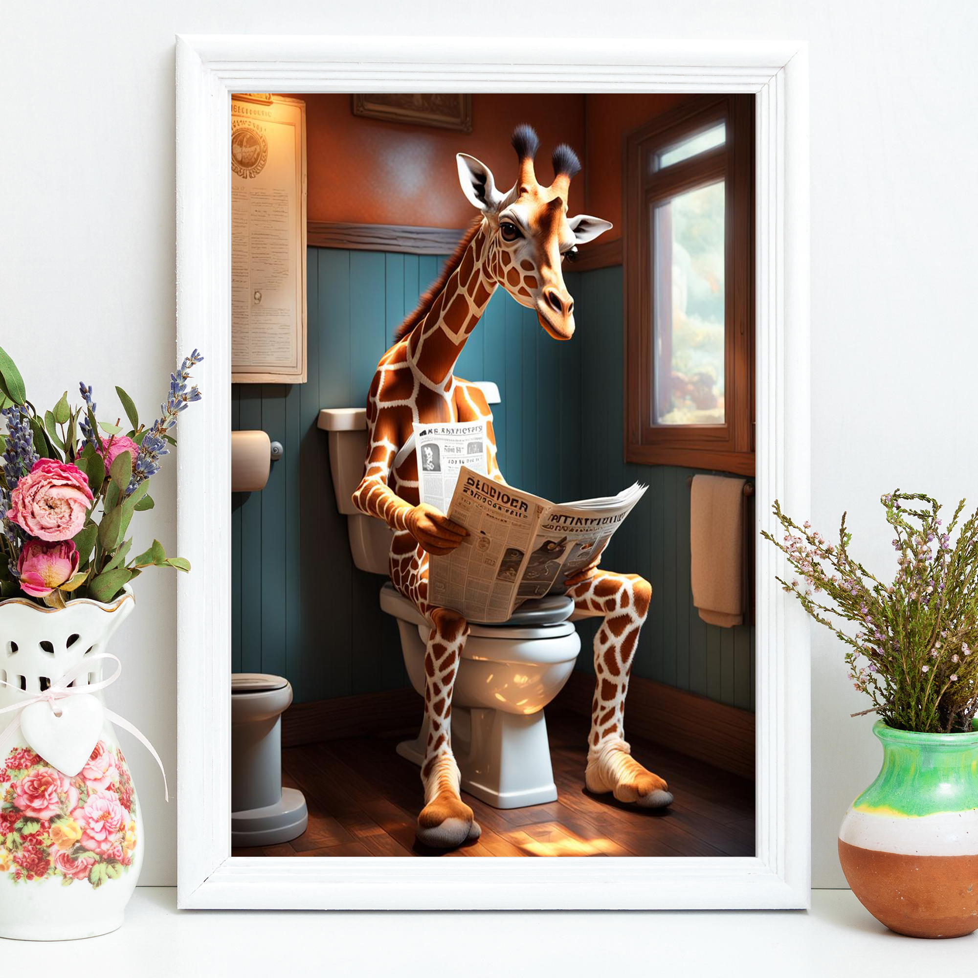 Giraffe Lavatory Lounging: Whimsical Wall Art for a Unique Touch Wall Art