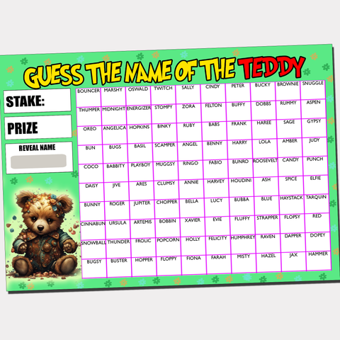 A4 GUESS THE NAME OF TEDDY SCRATCHCARD FAIR GAME 100 EASTER SPRING TEDDY