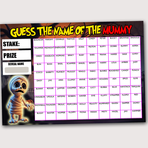 Guess the Name of Mummy Fundraising Game Halloween Party Fete Fayre A4