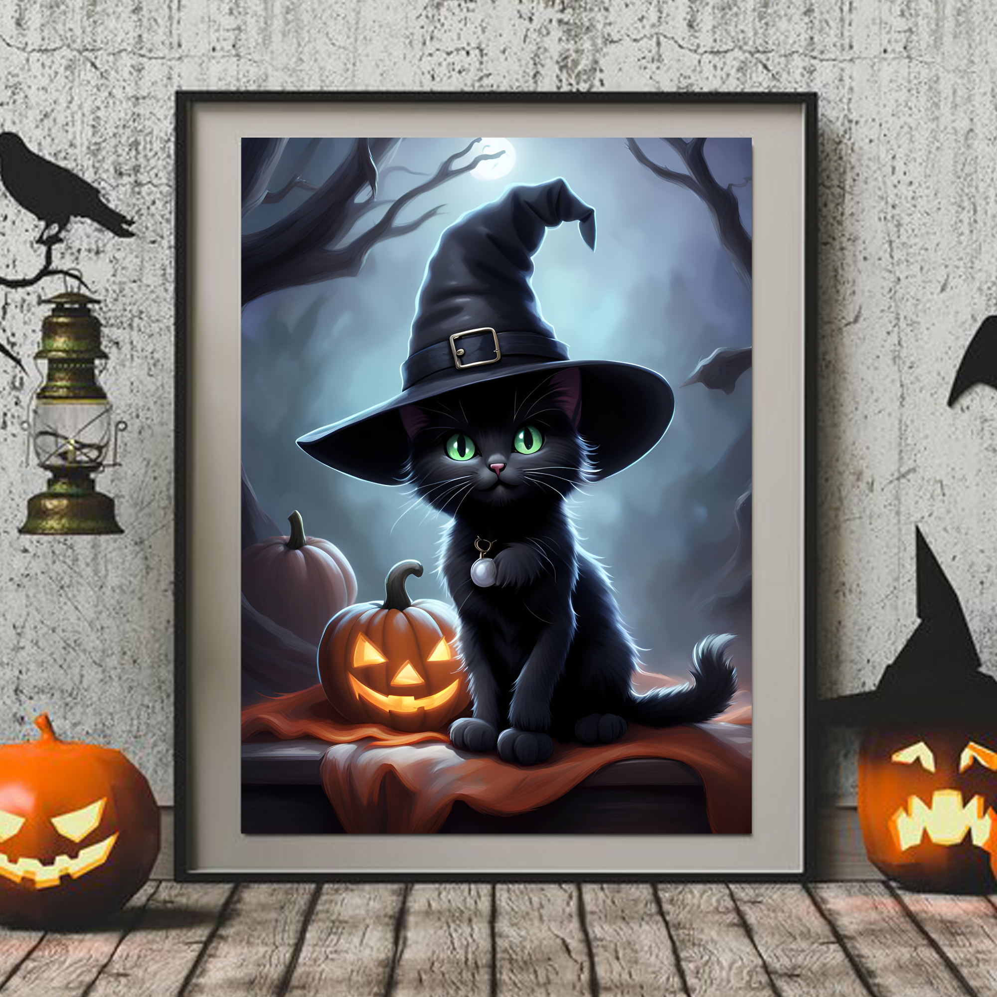 Spooky Cute Kitten Wearing Witches Hat Halloween Themed A4 Print