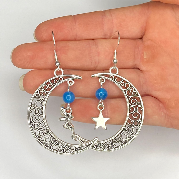 Asymetrical Fairy Moon and Star Dangle Earrings