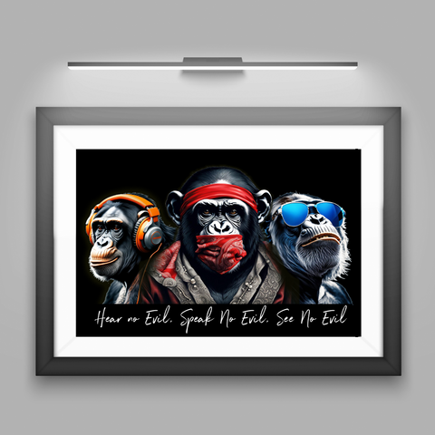 3 Wise Swag Monkeys Wall Art Prints, Funny chimp Headphone Animal Wall Print Street Art For Modern Home Décor Living Room