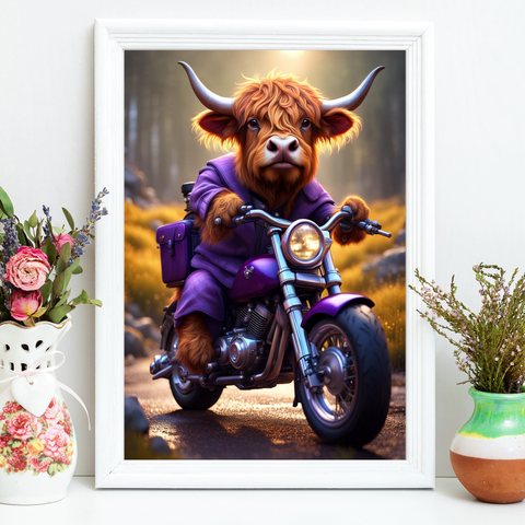 Moo-torcycle Majesty: Highland Adventure on Two Wheels Wall Art