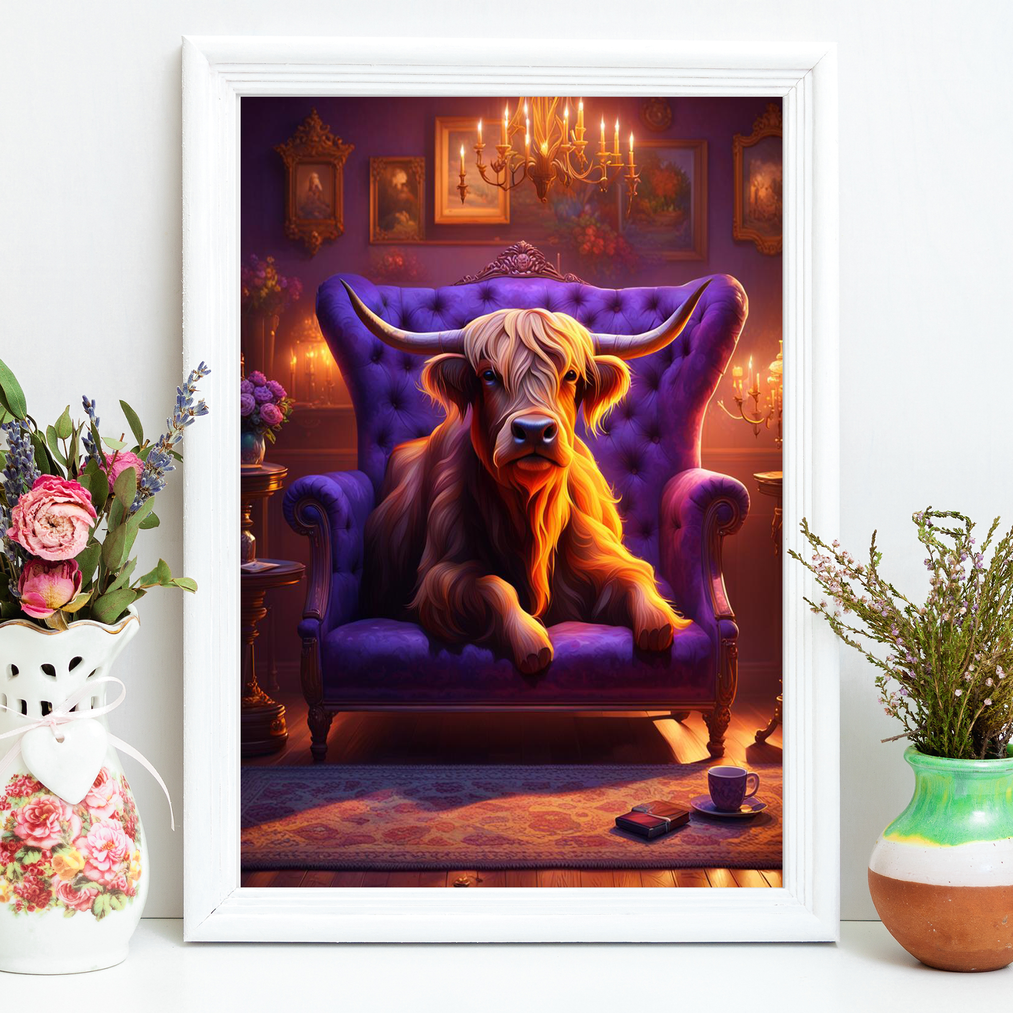 Highland Comfort: Cozy Cow on a Purple Sofa Living Room Wall Art