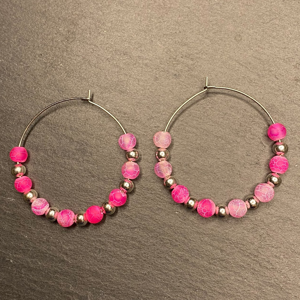 Hot Pink Fire Crackle Agate Hoops