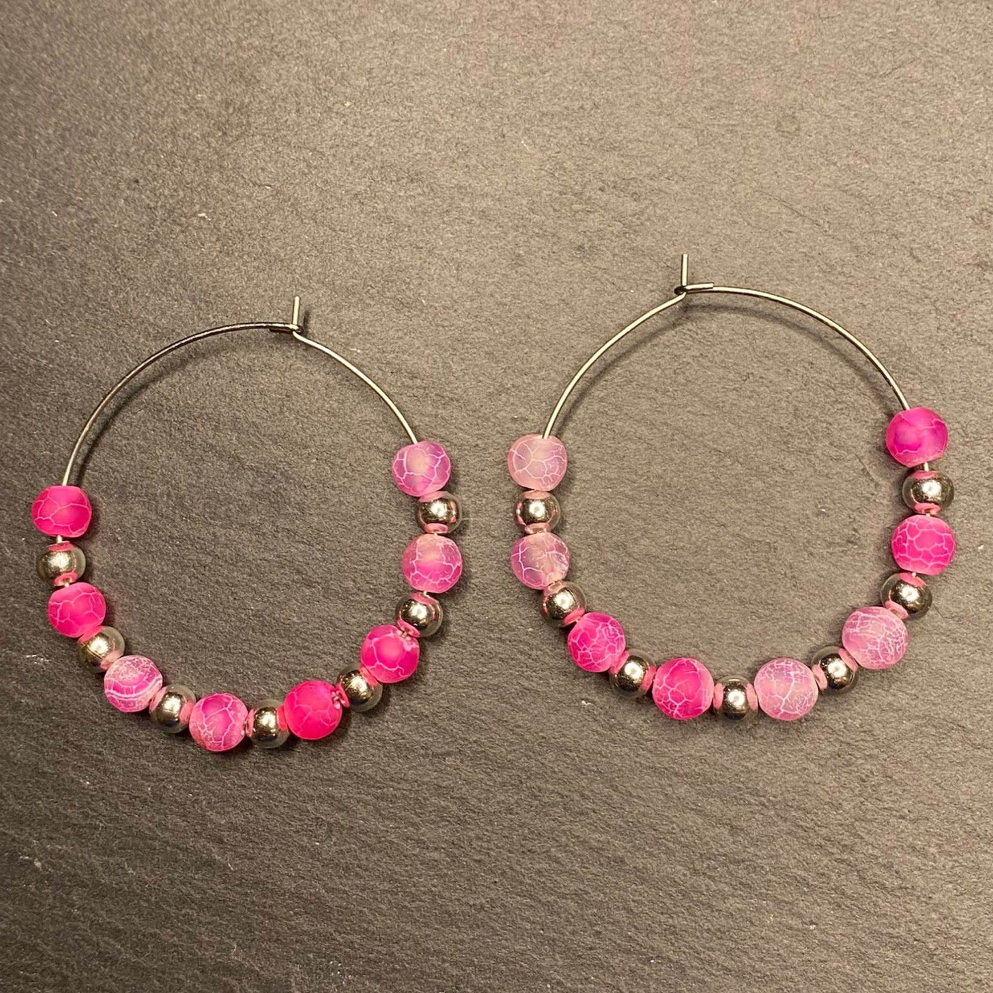Hot Pink Fire Crackle Agate Hoops
