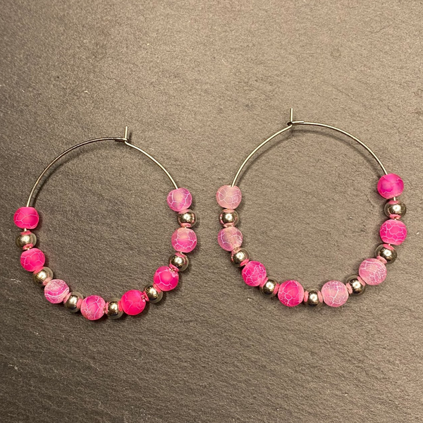 Hot Pink Fire Crackle Agate Hoops