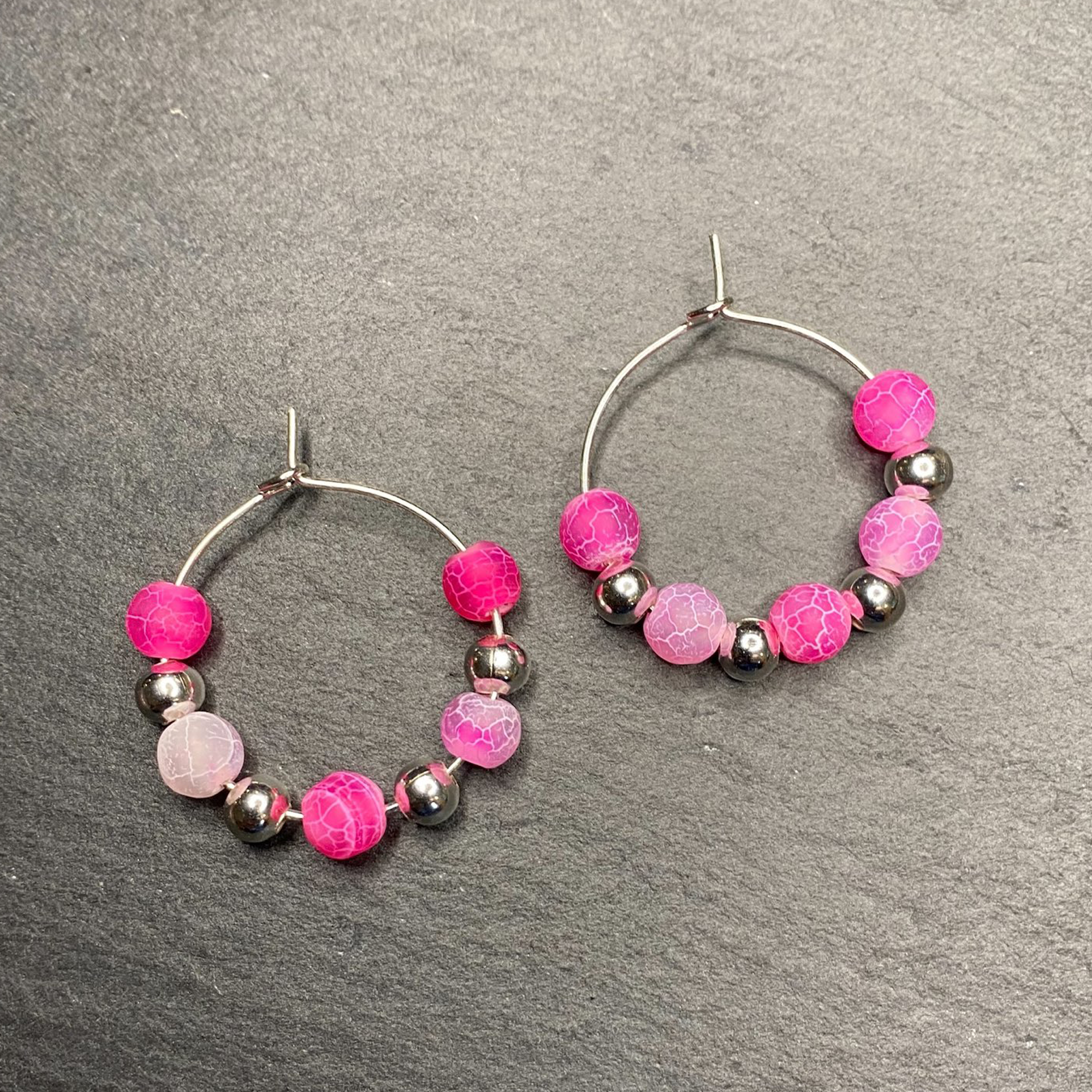 Hot Pink Fire Crackle Agate Hoops