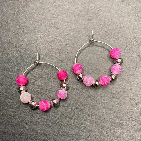 Hot Pink Fire Crackle Agate Hoops