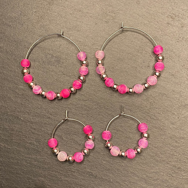 Hot Pink Fire Crackle Agate Hoops