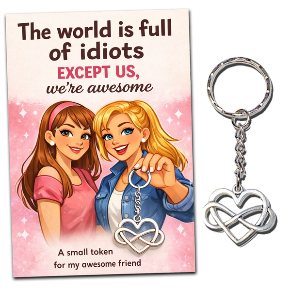 Best Friend Gift Card with Infinity Heart Keyring – “The World Is Full of Idiots Except Us” Friendship Card, Birthday Gift for Bestie, Friendship Gifts for Women