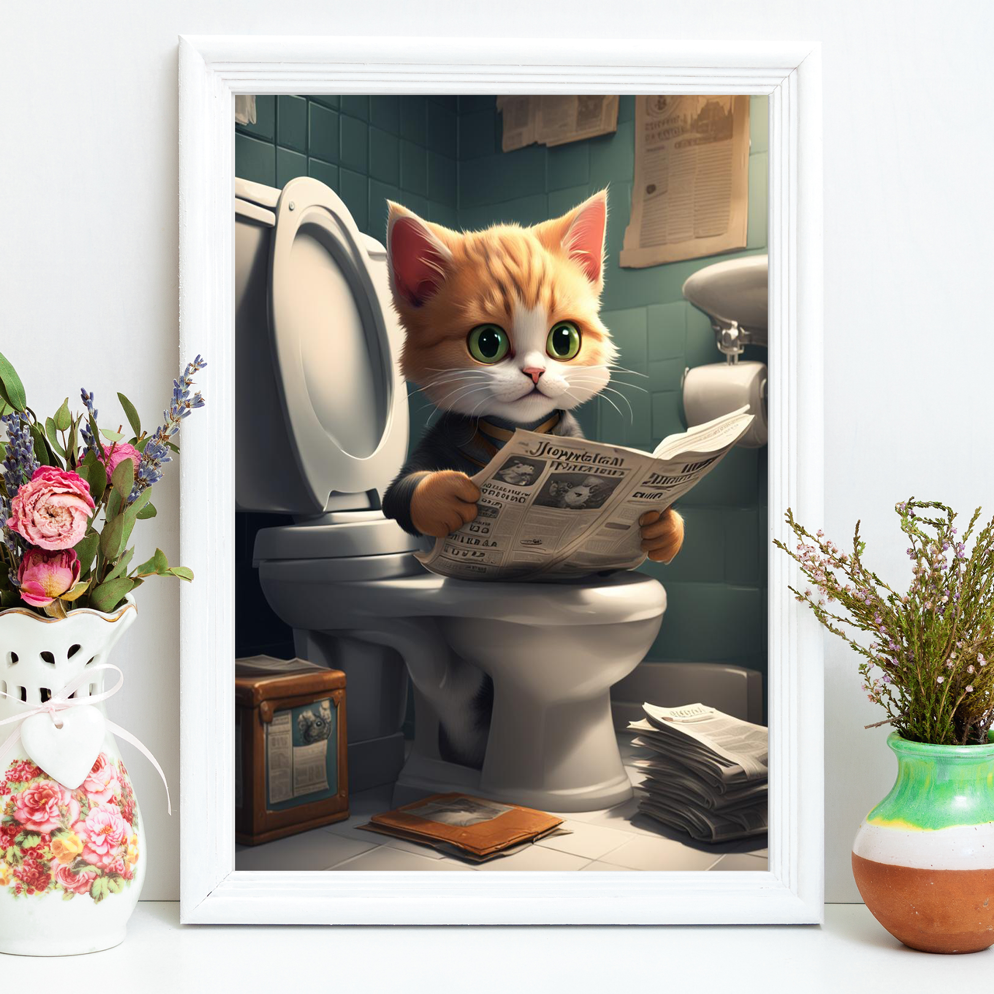 Purrfect Paws: Adorable Kitten Toilet Time - Glossy Wall Art Print Bathroom Decor