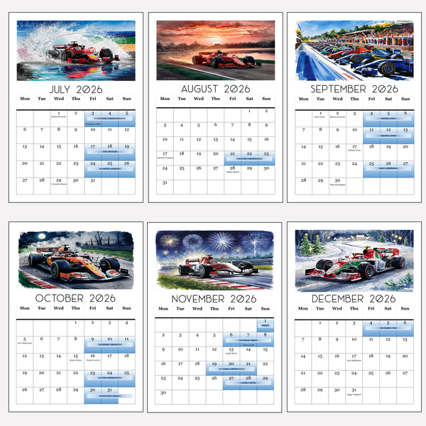 2026 Calendar Formula Racing Motorsports Events Dates, Driver Birthdays, A4 Size