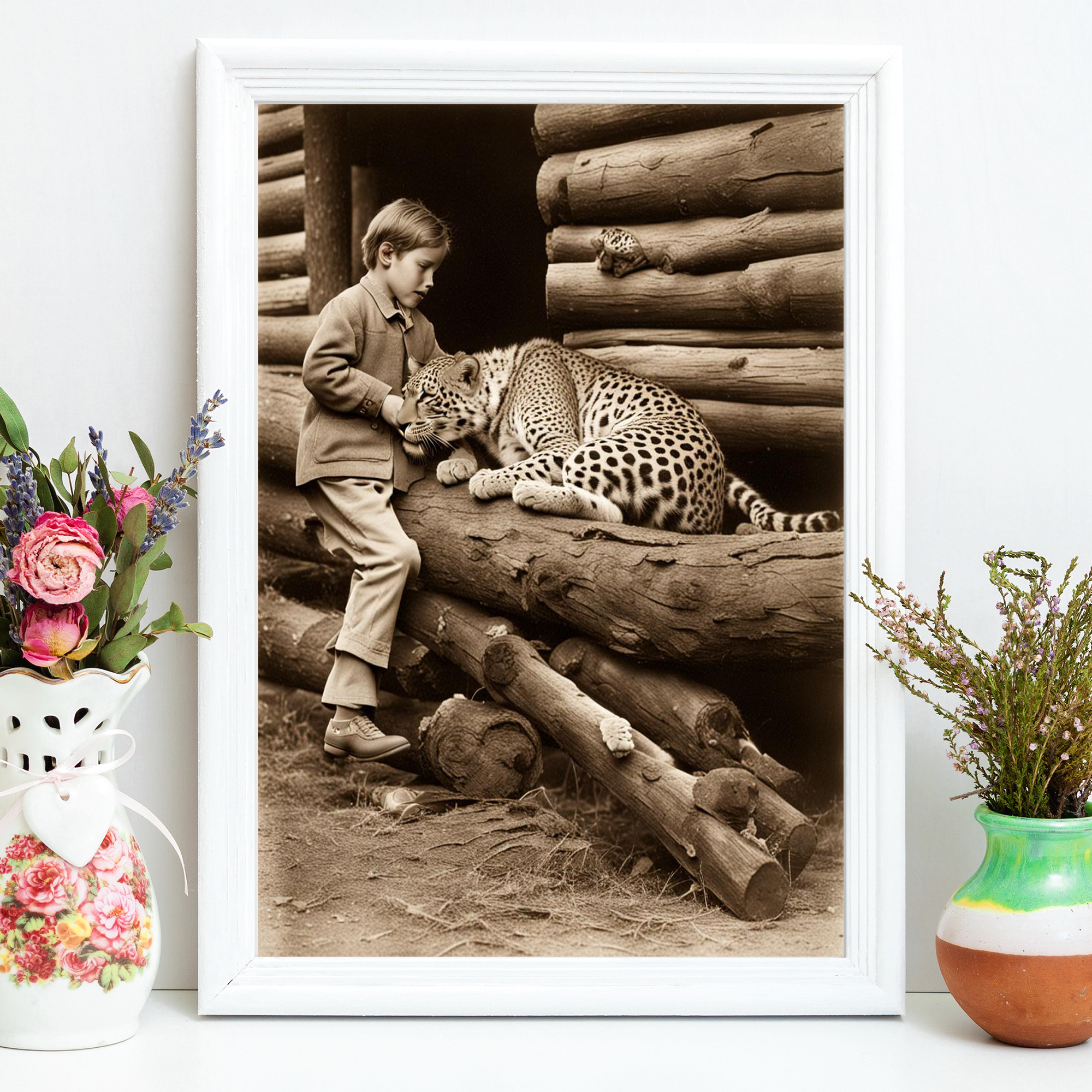 Vintage Style Leopards Protecting Children Sleeping Wall Art Living Room Print