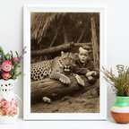 Vintage Style Leopards Protecting Children Sleeping Wall Art Living Room Print