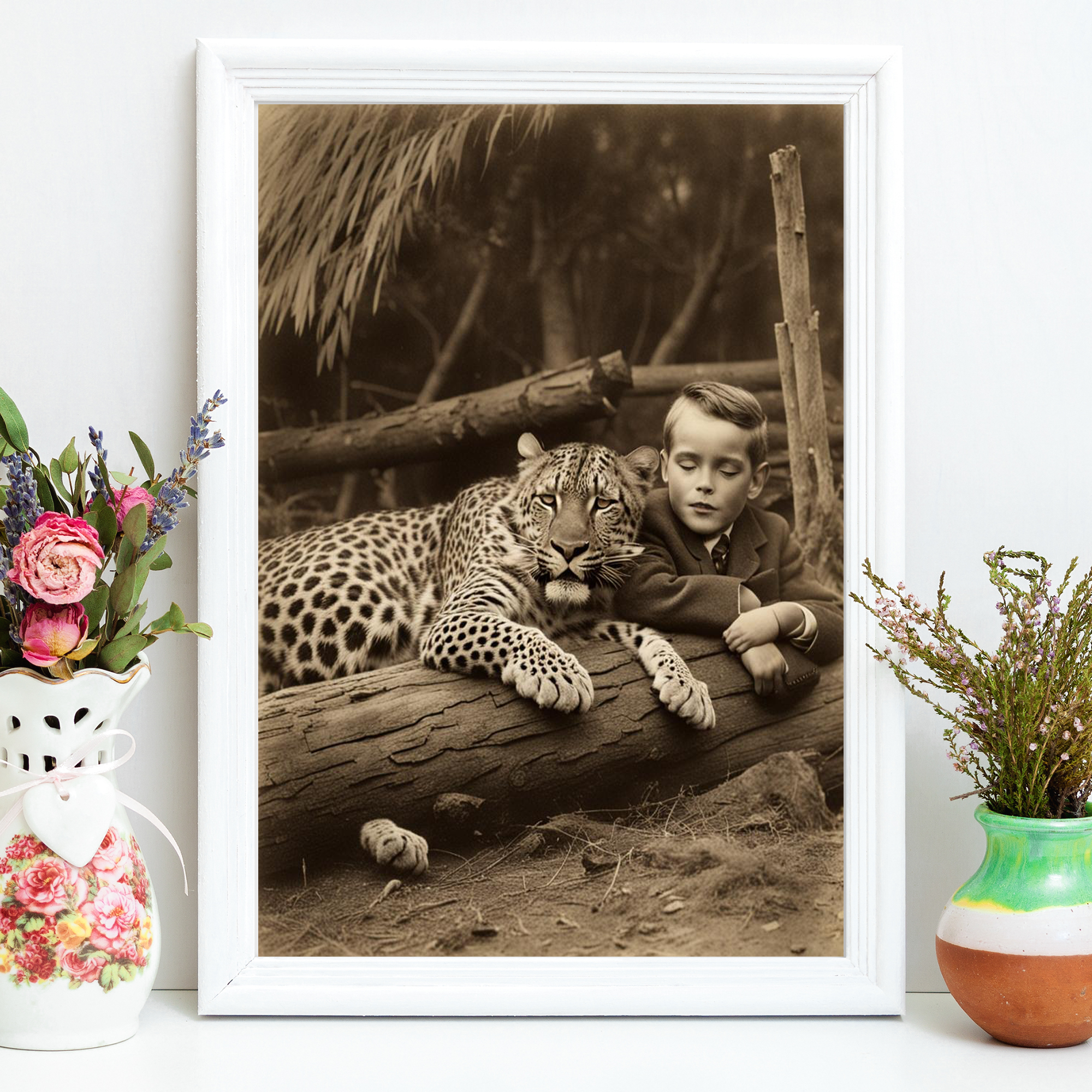 Vintage Style Leopards Protecting Children Sleeping Wall Art Living Room Print