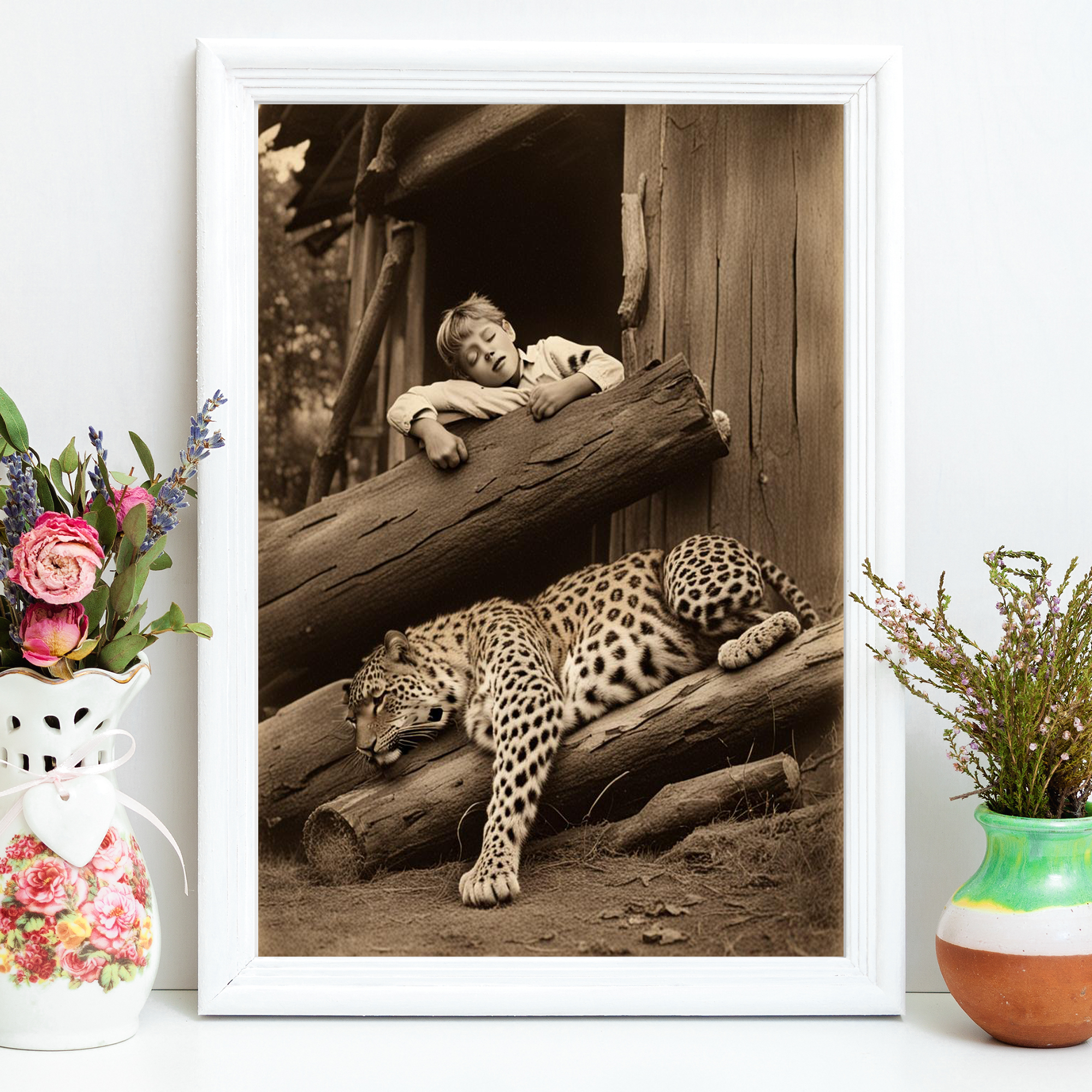 Vintage Style Leopards Protecting Children Sleeping Wall Art Living Room Print