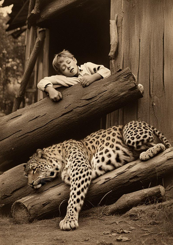 Vintage Style Leopards Protecting Children Sleeping Wall Art Living Room Print