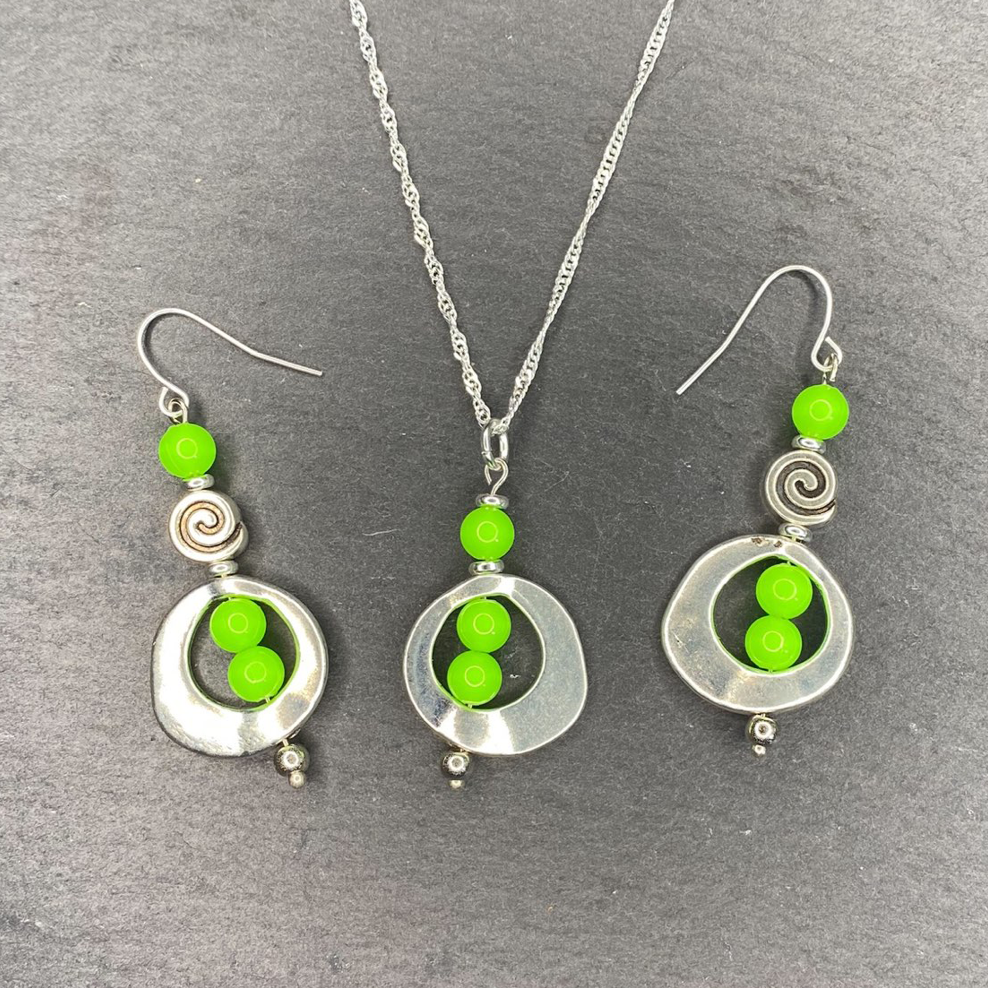 Lime Green Swirl Dangle Earrings and or Necklace
