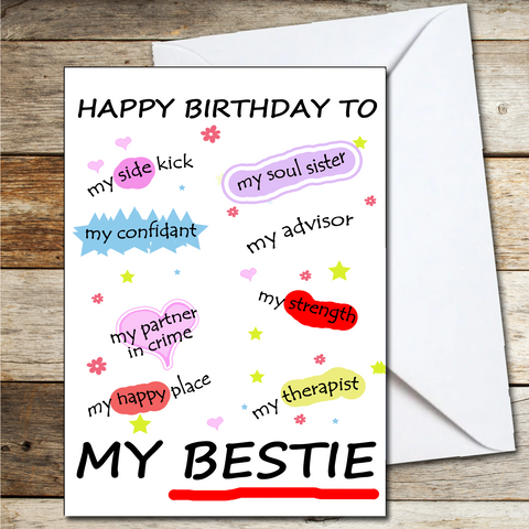 My Bestie Birthday Card My Sidekick, My Happy Place, My Partner In Crime, My Soul Sister, Funny Birthday Card A5