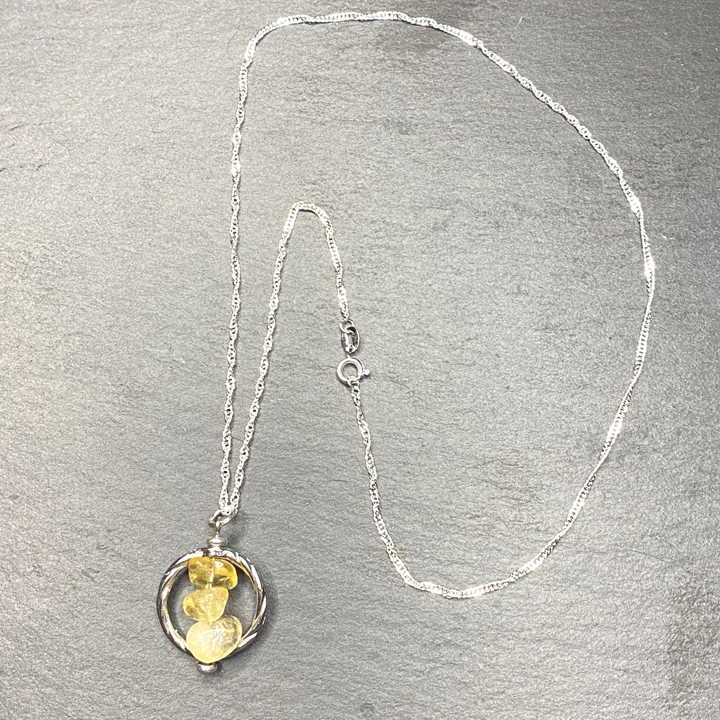 Natural Citrine Chip Bead Tumbled Dangle, Framed, Necklace