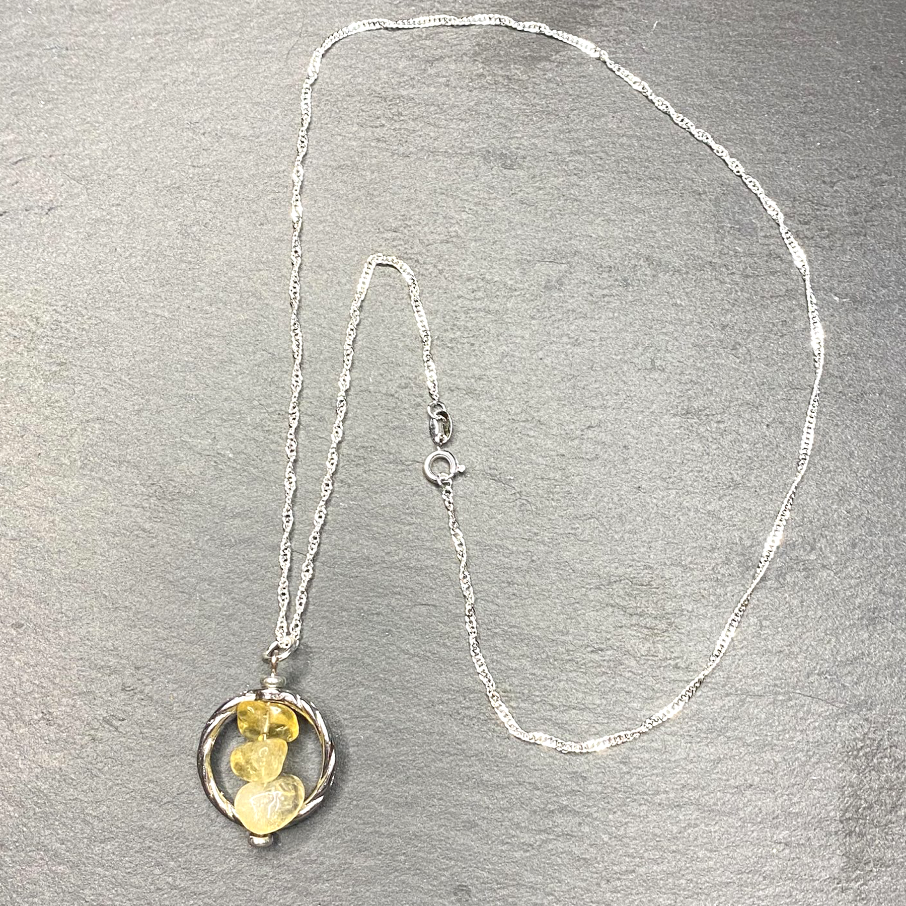 Natural Citrine Chip Bead Tumbled Dangle, Framed, Necklace
