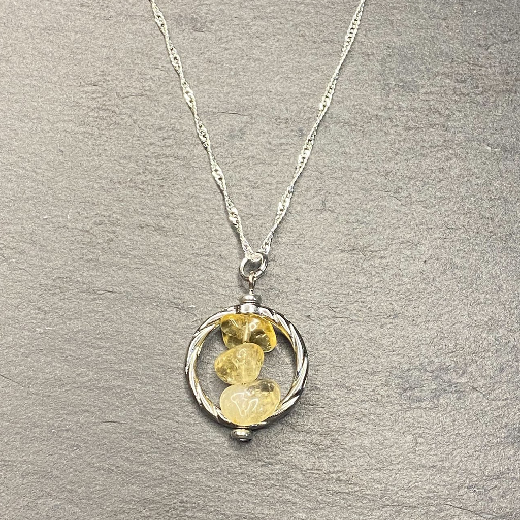 Natural Citrine Chip Bead Tumbled Dangle, Framed, Necklace