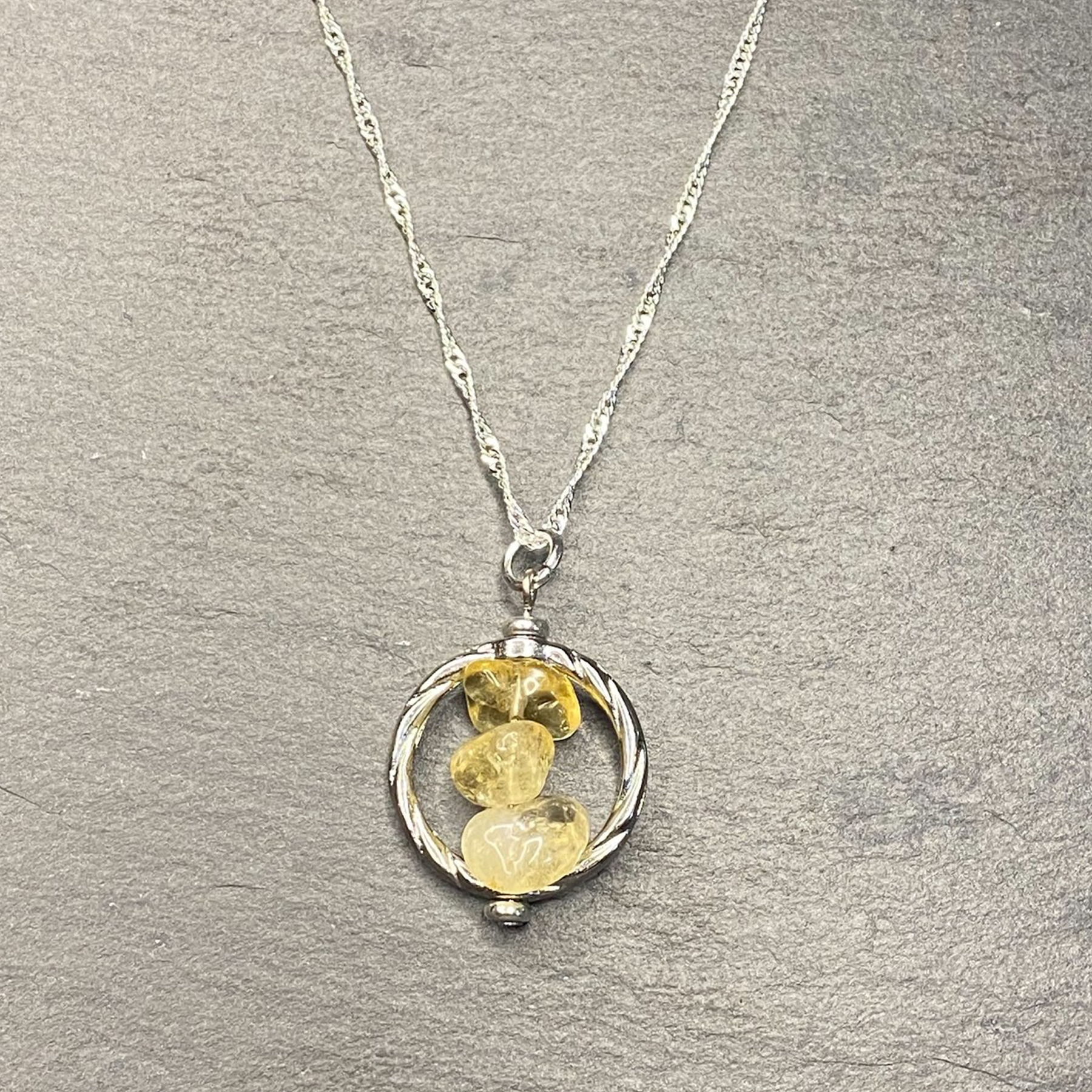 Natural Citrine Chip Bead Tumbled Dangle, Framed, Necklace
