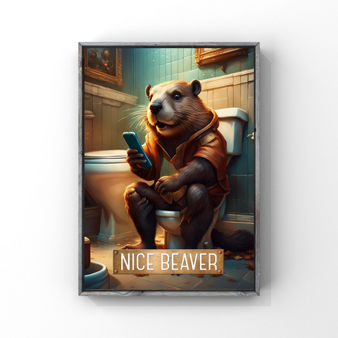 Naughty Nice Beaver Sitting on a Toilet - Wall Art for Bathroom