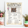60th Birthday Gift for Men Women Born In 1964 Newspaper Print for Grandad Grandma Nan A4 Sixty Sixtieth Gift