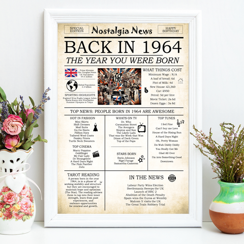 60th Birthday Gift for Men Women Born In 1964 Newspaper Print for Grandad Grandma Nan A4 Sixty Sixtieth Gift