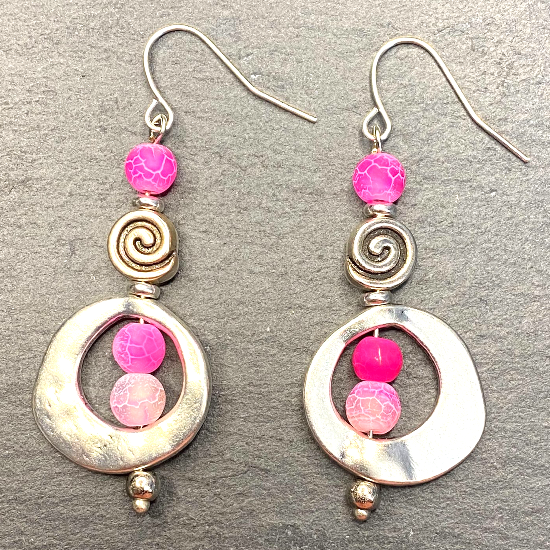 Hot Pink Frosted Boho Swirl Dangle Earrings