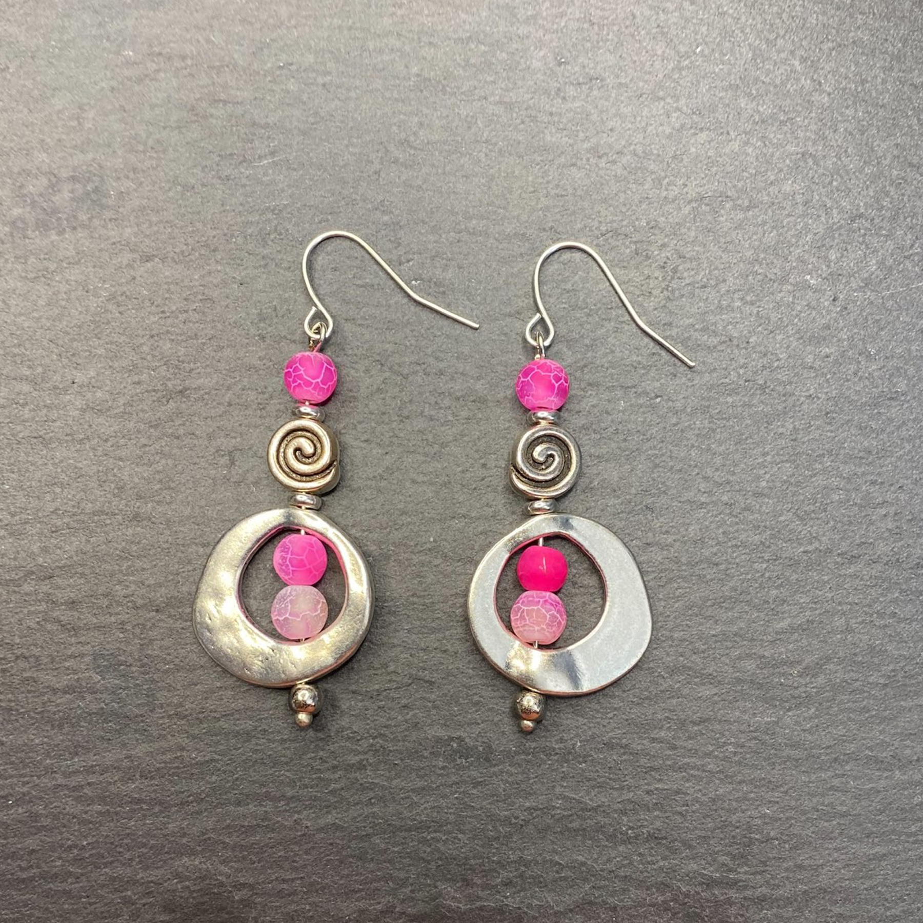 Hot Pink Frosted Boho Swirl Dangle Earrings