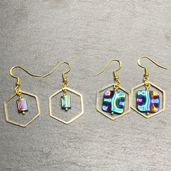 Hexangaonal Rainbow Gold Dangle Earrings