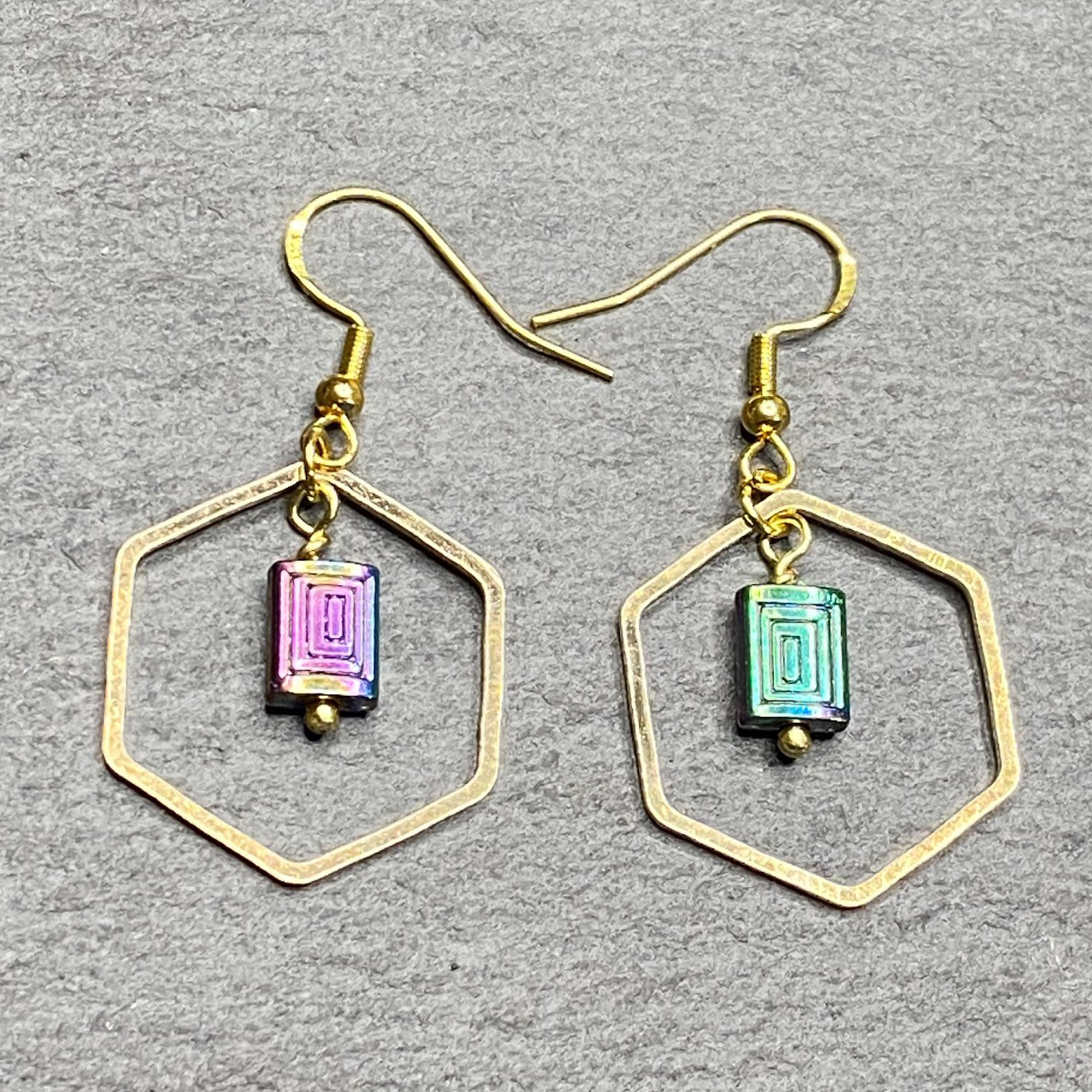 Hexangaonal Rainbow Gold Dangle Earrings