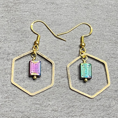 Hexangaonal Rainbow Gold Dangle Earrings