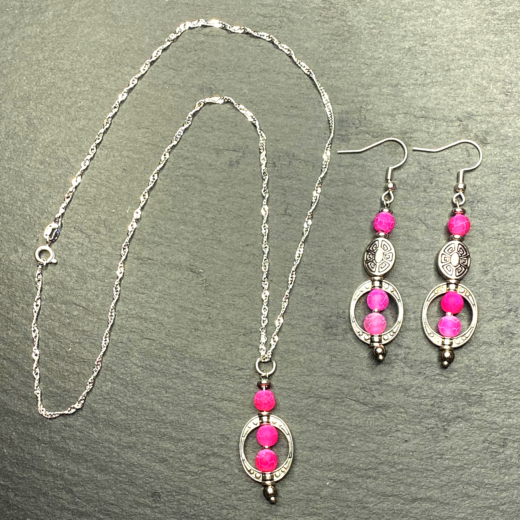 Hot Pink Frosted Fire Crackle Agate Dangle Bohemian Earrings, Necklace or Set
