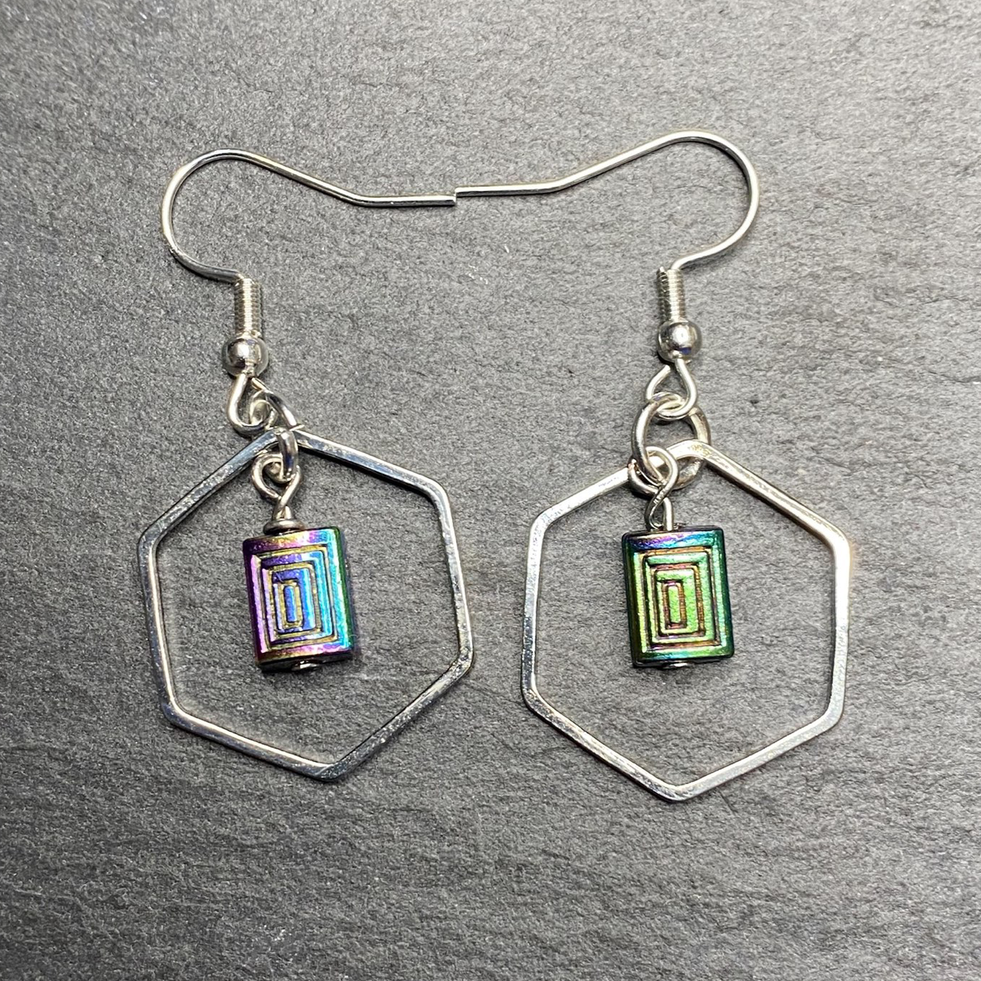 Hexangaonal Rainbow Silver Dangle Earrings