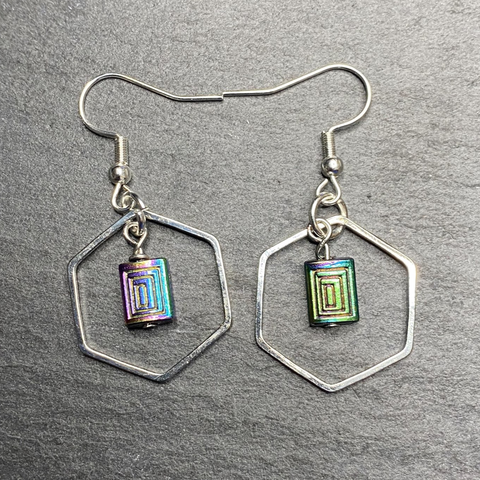 Hexangaonal Rainbow Silver Dangle Earrings
