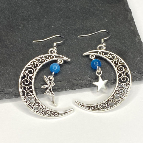 Asymetrical Fairy Moon and Star Dangle Earrings