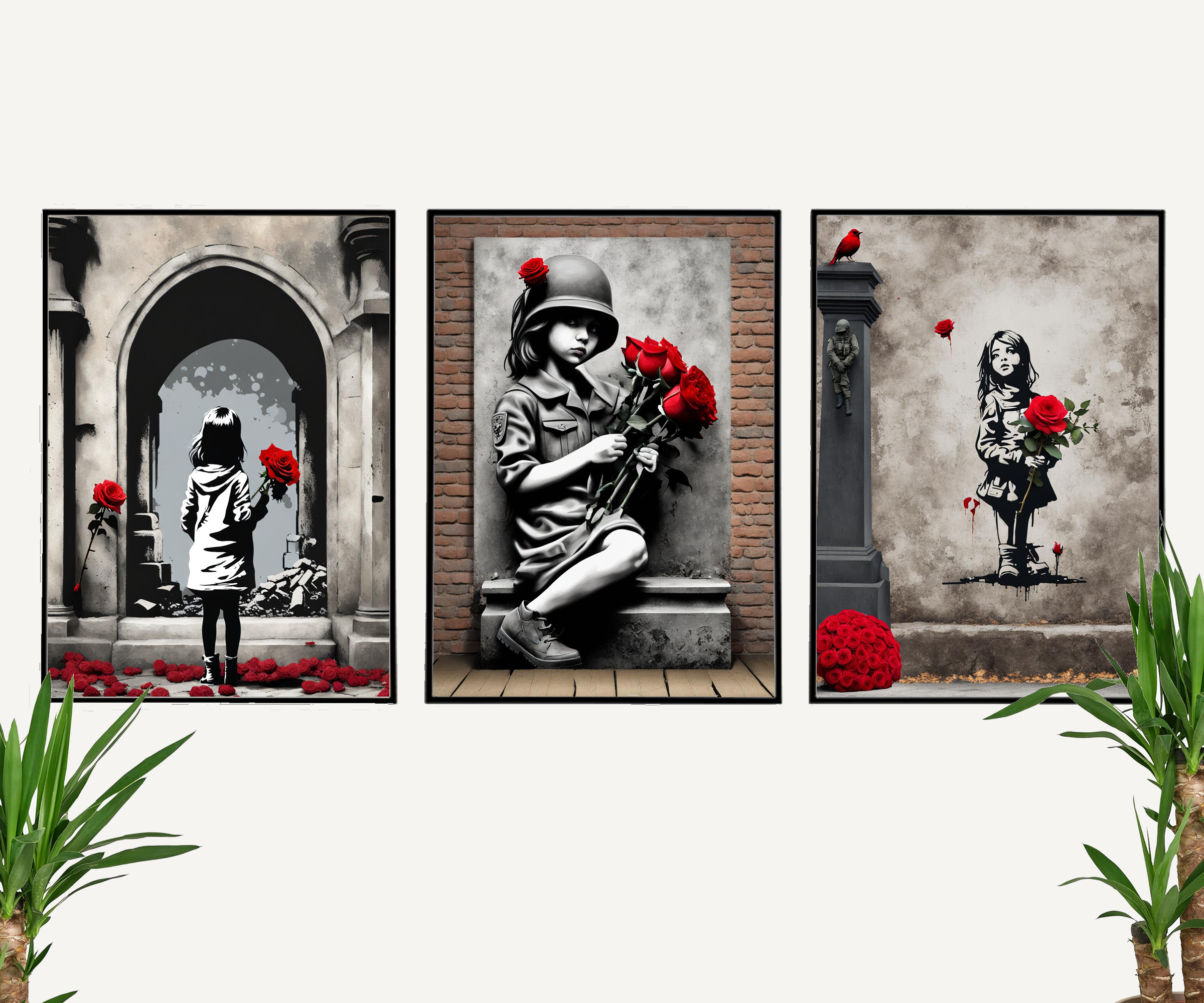 Set of 3 Prints Brave Hearts: Girl Soldier and Red Rose Wall Art Print – Limited Edition