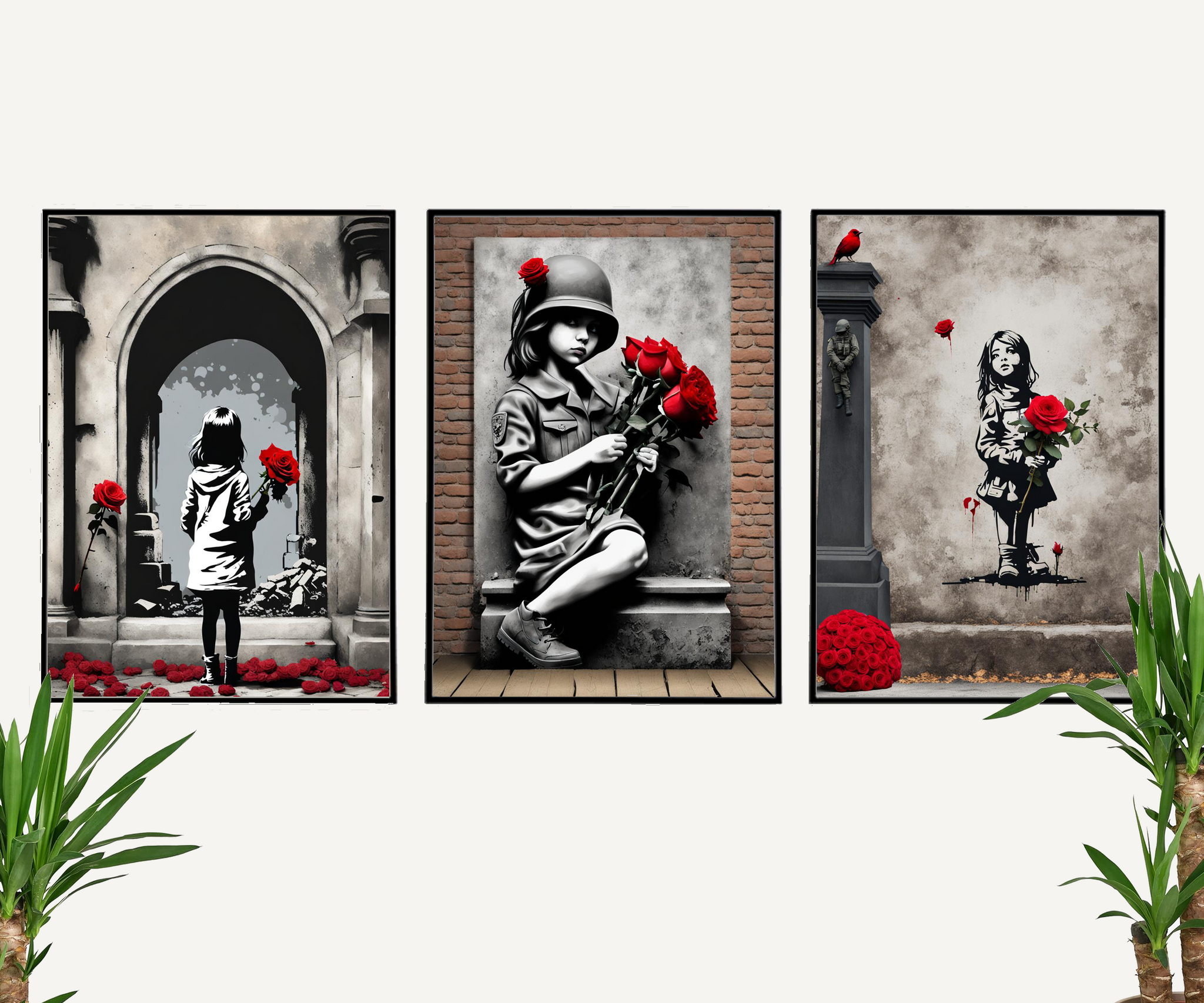 Set of 3 Prints Brave Hearts: Girl Soldier and Red Rose Wall Art Print – Limited Edition