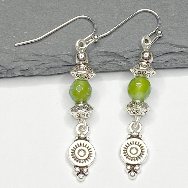Boho Dangle Earrings, Bohemian Earrings, Antique Silver Earrings, Lawn Green Agate Earrings
