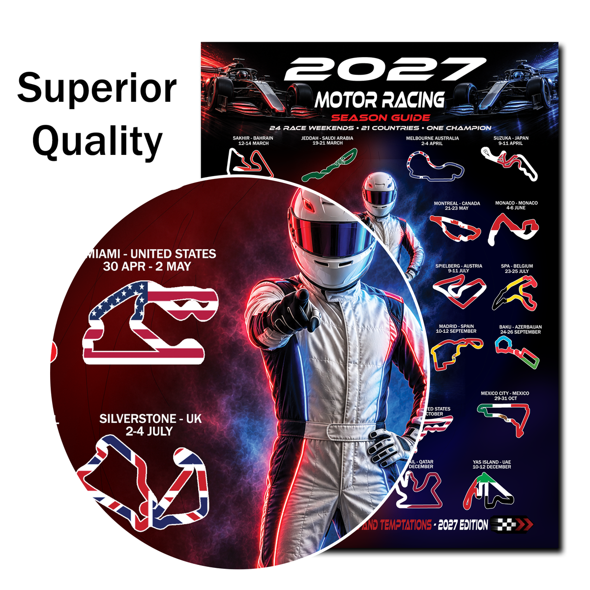 2027 Motor Racing Season Guide Poster – 24 Race Weekends & Circuit Locations