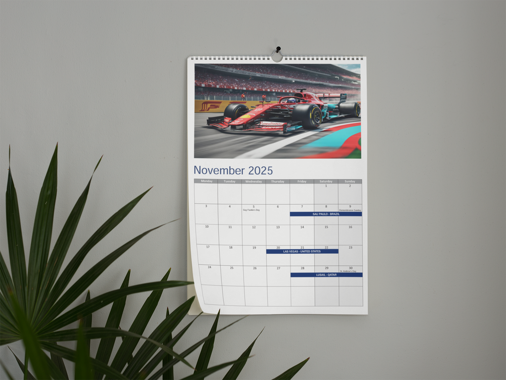 Formula Racing 2025 Wall Calendar with Race Events on Each Month 75t