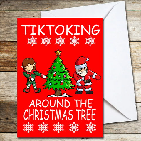 Christmas Card for Son, Daughter, Grandkids, TikToking Around the Christmas Tree A5