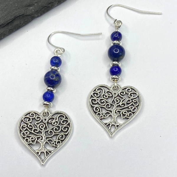 Lapis Lazuli Beads Tree of Life Dangle Earrings